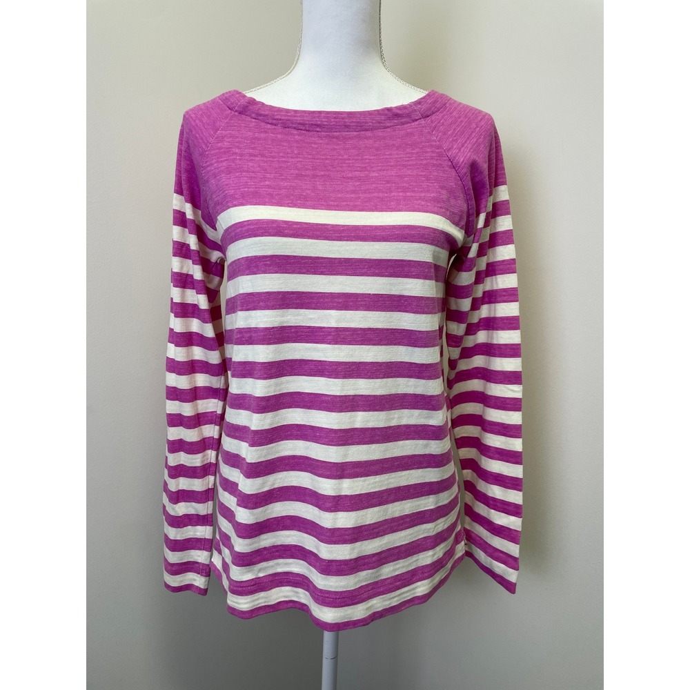 LOFT Pink White Striped Long Sleeve Boat Neck Cotton Slub Tee Shirt Small
